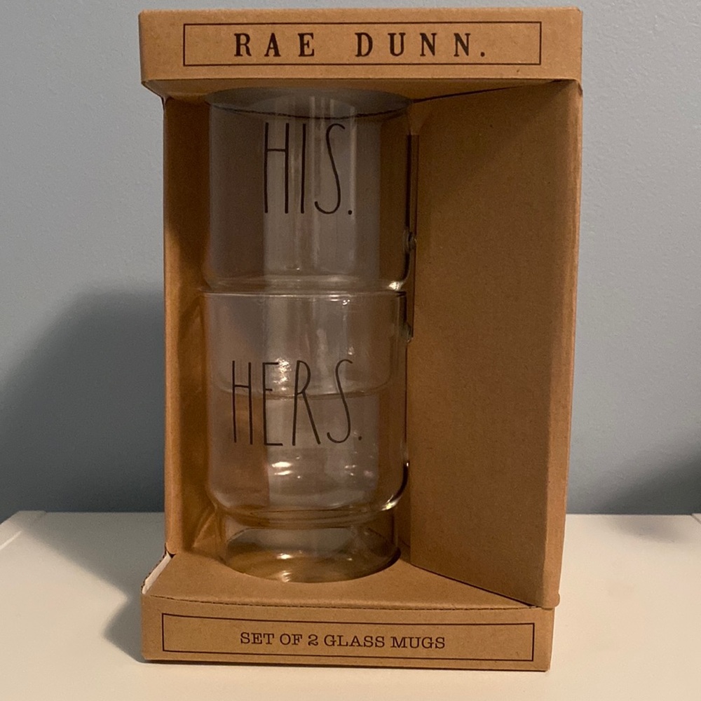 🆕 Rae Dunn “HIS.” & “HERS.” Stackable Glass Mugs